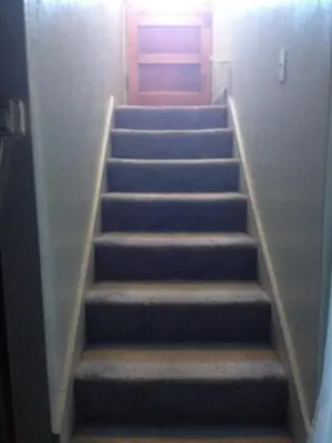 a set of stairs in a room with a door at King Suite Between City and Slopes in Denver