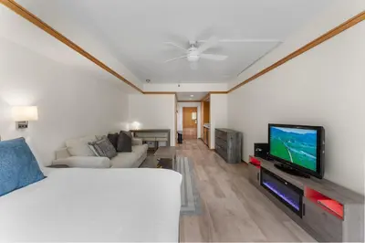 a living room with a bed and a flat screen tv at Slopeside Unit 2755 in Keystone