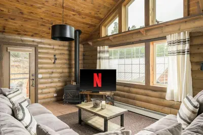 a living room with a tv with the letter n on it at The Moose Hoose Cabin With Views and Game Room in Black Hawk
