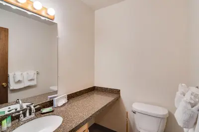 a bathroom with a sink and a toilet and a mirror at Hot Tub and Heated Pool! Ski Retreat in Winter Park in Winter Park