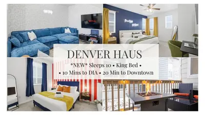 a collage of photos of a living room at Sleeps 8, Fire pit, Near DIA & Downtown Denver in Commerce City