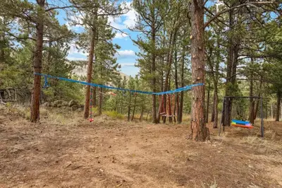 a swing set in the woods with a blue rope at 15 min to Boulder Rope Course Hot Tub & Views in Boulder