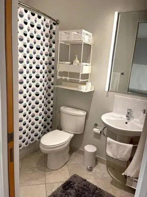 a bathroom with a toilet and a sink at Beautiful Pearl Street condo! 30 DAY MINIMUM STAY in Boulder