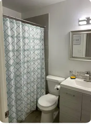 a bathroom with a toilet and a shower curtain at My hidden gem in Denver