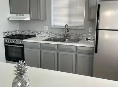 a kitchen with a sink and a refrigerator at Lovely 2 bedroom unit with a hot tub Pet friendly in Denver
