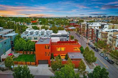 an aerial view of a city with a red building at LoHi Luxury Modern House — Walk to Everywhere in Denver