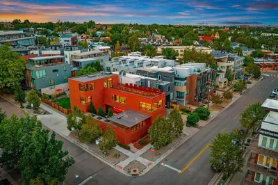 an aerial view of a city with buildings at LoHi Luxury Modern House — Walk to Everywhere in Denver