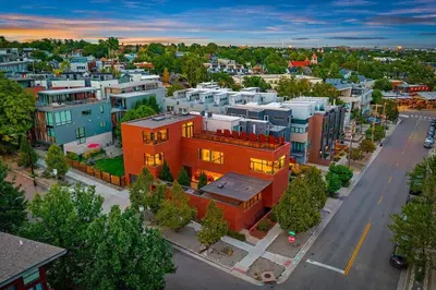 an overhead view of a city with buildings and a street at LoHi Luxury Modern House — Walk to Everywhere in Denver
