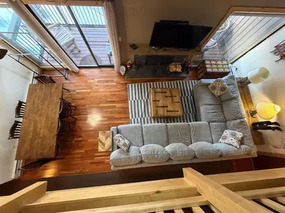 an overhead view of a living room with a couch at Wild Irishman 2 bed 1 and half bath WIGK in Keystone