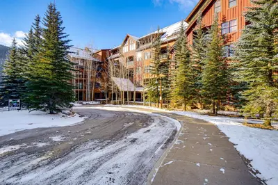 an empty road in front of a large building at Walk to Gondola! Keystone Gem in River Run Village in Keystone