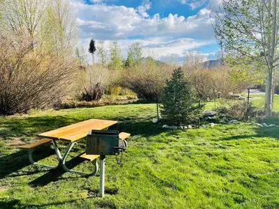 a picnic table and a grill in a field at Spacious Dillon Basecamp, close to resorts! in Dillon
