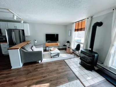 a living room with a fireplace and a stove at Spacious Dillon Basecamp, close to resorts! in Dillon
