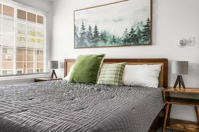 a bedroom with a bed with green and white pillows at Prime Location - Walking Distance to Old Town Arvada - 2 bedrooms 3 beds 1 bath in Arvada