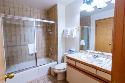 a bathroom with a toilet and a sink and a shower at 503 Ski Run condo in Keystone
