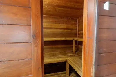 a wooden sauna in a wooden house at 503 Ski Run condo in Keystone
