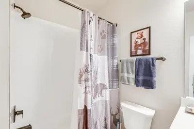 a bathroom with a shower curtain and a toilet at Creekside Retreat Near Olde Town Arvada in Arvada