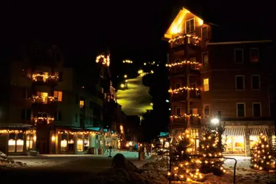 a street at night with christmas lights on buildings at Wild Irishman 1029 - Keystone in Dillon
