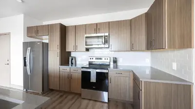 a kitchen with stainless steel appliances and wooden cabinets at Landing Incredible 1BD Gym Clubhouse in Littleton