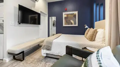 a small bedroom with a bed and a tv at Landing Modern Studio Rooftop Lounge in Denver