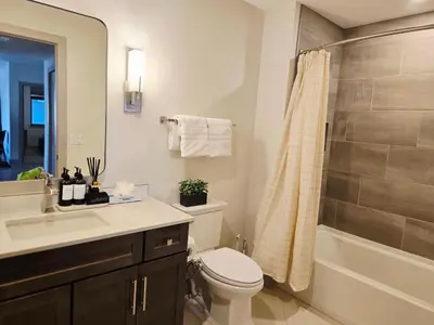 a bathroom with a toilet and a sink and a shower at 4th Street Alpine Loft - New - Central Ski Hub - King Bed, Garage Parking, Hot Tub, Great Location in Silverthorne