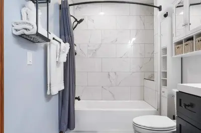 a bathroom with a shower and a toilet and a sink at Scenic Colorado Stay Near Casinos & Hot Springs in Black Hawk