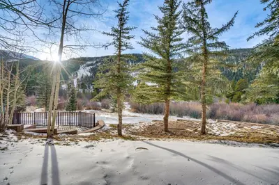 a park with trees and a bench in the snow at Walk to Ski Lift and Hot Tubs! Mtn-View Keystone Gem in Keystone