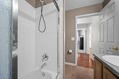 a bathroom with a shower and a sink at Golden View Townhouse - Walk to Downtown! in Golden