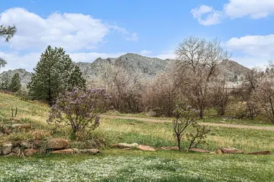 a field of grass with trees and mountains in the background at Spa Getaway with Open Space Access Sauna & Hot Tub & Cold Plunge in Boulder