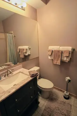 a bathroom with a sink and a toilet and a mirror at Downtown Luxury + Hot Tubs; Walkable Winter Park in Winter Park