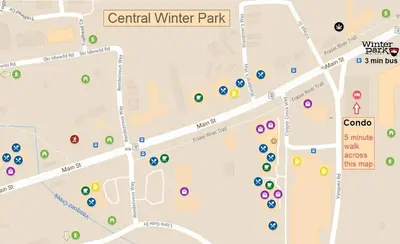 a map of the central winter park at Downtown Luxury + Hot Tubs; Walkable Winter Park in Winter Park