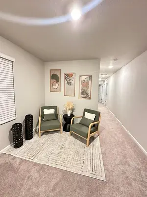 a living room with two chairs and a rug at New Vacation Home 8 min walking distance from Gaylord Hotel in Aurora