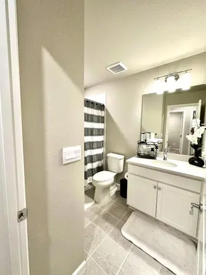 a bathroom with a toilet and a sink and a mirror at New Vacation Home 8 min walking distance from Gaylord Hotel in Aurora