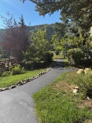 a winding road in a park with trees and grass at Renovated 3BR Mountain Condo - Kids Ski Free condo in Keystone