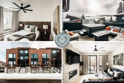 a collage of three pictures of a living room at Modern Mountain Townhome - Rooftop Hot Tub in Silverthorne