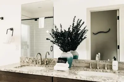 a bathroom with two sinks and a vase with a plant at Modern Mountain Townhome - Rooftop Hot Tub in Silverthorne