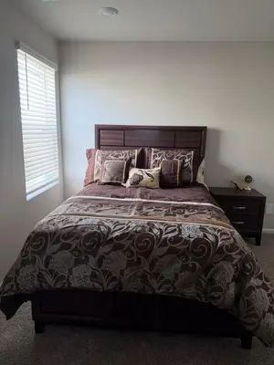 a bedroom with a large bed with pillows on it at Bsnsn in Commerce City