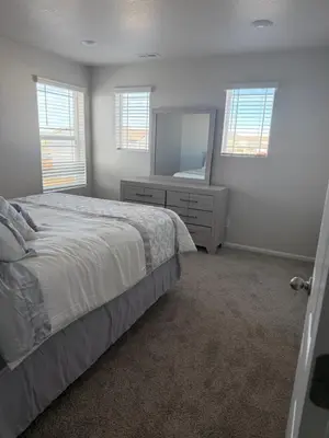 a bedroom with a bed and a dresser and a mirror at Bsnsn in Commerce City