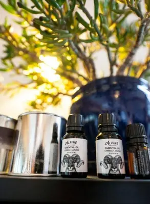 two bottles of essential oils sitting on a shelf next to a vase at The Rusty Skillet Spa and Ranch in Boulder
