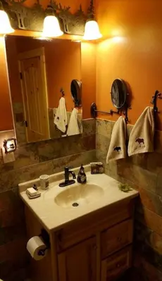 a bathroom with a sink and a mirror at Rocky Mountain Panorama Cabin in Estes Park