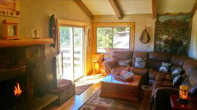 a living room with a couch and a fireplace at Rocky Mountain Panorama Cabin in Estes Park