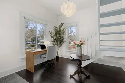 a home office with a desk and a chair at The Wild Peony Walk to Old Town FC and CSU Campus in Fort Collins