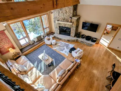 an overhead view of a living room with a fireplace at Keystone Retreat 33 by SummitCove Lodging in Keystone