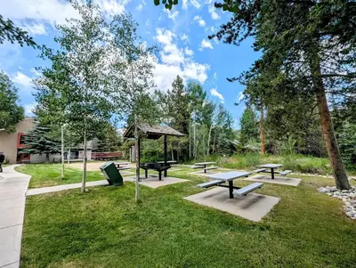 a park with picnic tables and a picnic shelter at Flying Dutchman 1132 by SummitCove Lodging in Keystone