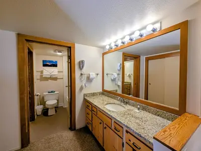 a bathroom with a sink and a large mirror at Decatur 1805 by SummitCove Lodging in Keystone