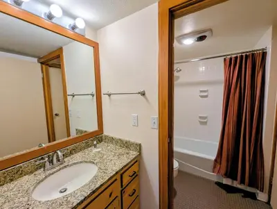 a bathroom with a sink and a mirror and a shower at Decatur 1805 by SummitCove Lodging in Keystone