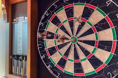 a dart board on a wall next to a book at Backyard Movie, Hot Tub & 2 Game Rooms in Arvada