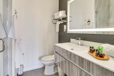 a bathroom with a sink and a toilet and a mirror at WFH Setup and Garage Parking! Modern Denver Condo in Thornton