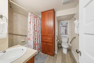 a bathroom with a toilet and a sink and a shower at Twin Fawns cabin in Estes Park