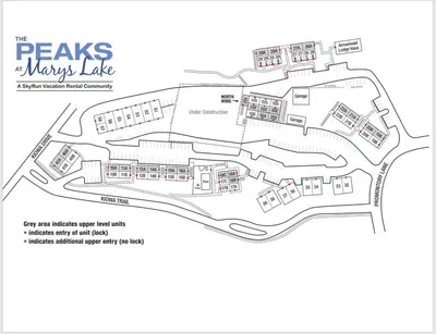 a site plan of the peaks ways lab at Lakeview Retreat 19A condo in Estes Park