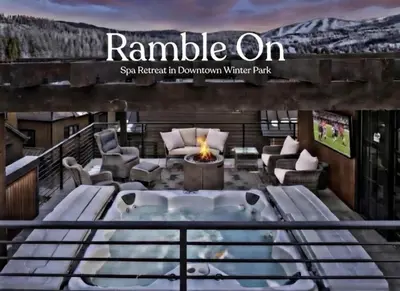 a rendering of a deck with a hot tub and a fireplace at Home Spa Retreat Downtown WP Walk to Shops Dining in Winter Park